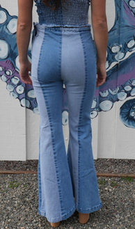 Women's Soft Stretch Denim 2 Tone Paneled Drawstring Side Zip Bell Bottom Pants