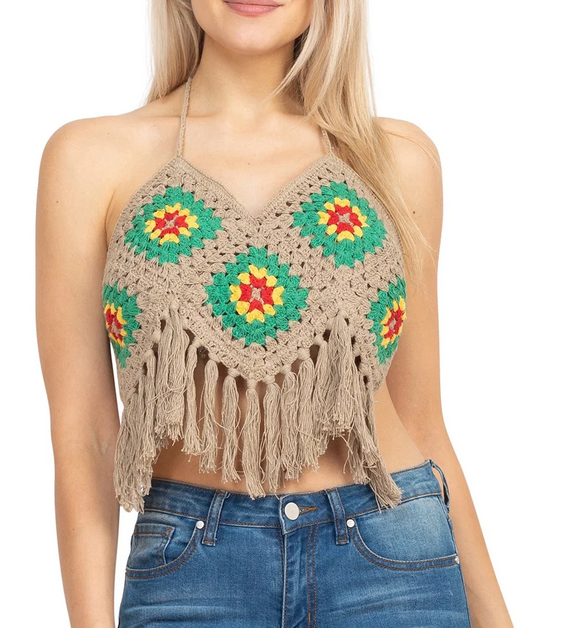 Women's Cotton Crochet Rasta Diamond Fringe Halter Top - HalfMoonMusic