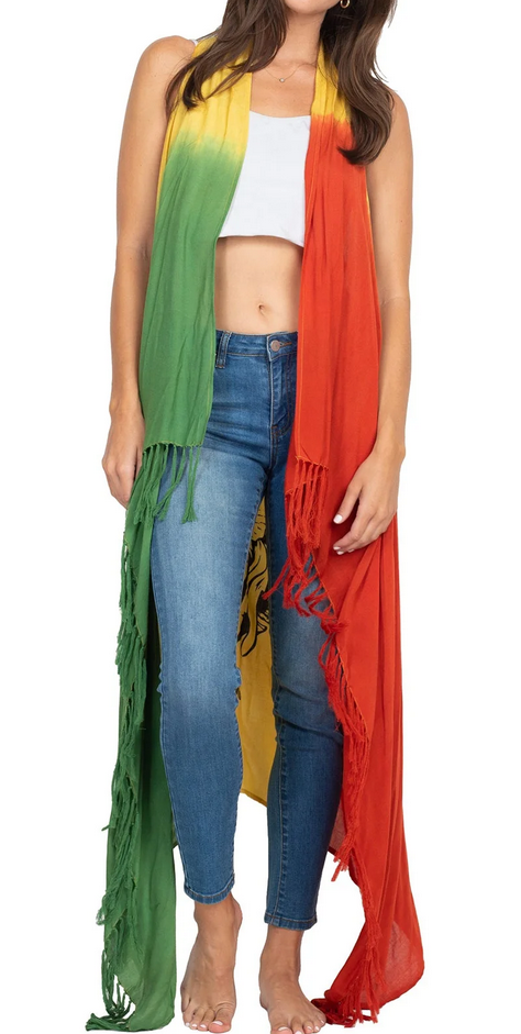 Women's Viscose Sleeveless Racerback Fringe Rasta Extra-Long Cardigan - HalfMoonMusic