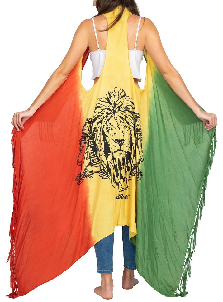 Women's Viscose Sleeveless Racerback Fringe Rasta Extra-Long Cardigan - HalfMoonMusic