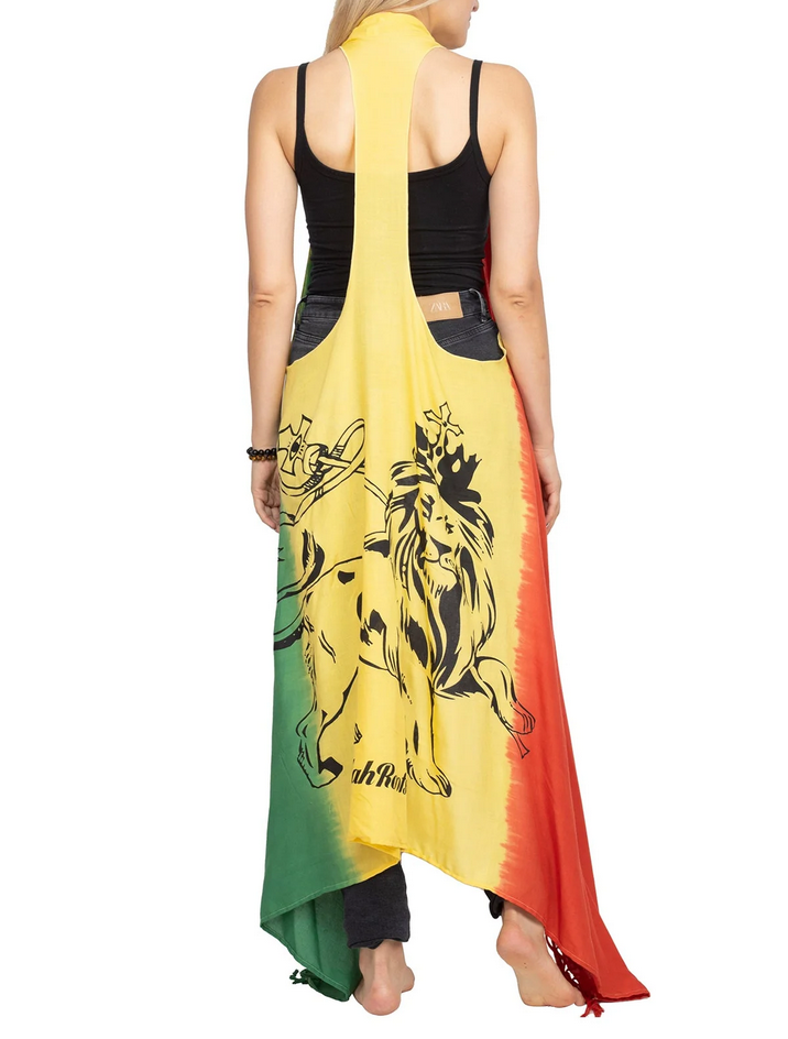 Women's Viscose Sleeveless Racerback Fringe Rasta Extra-Long Cardigan - HalfMoonMusic
