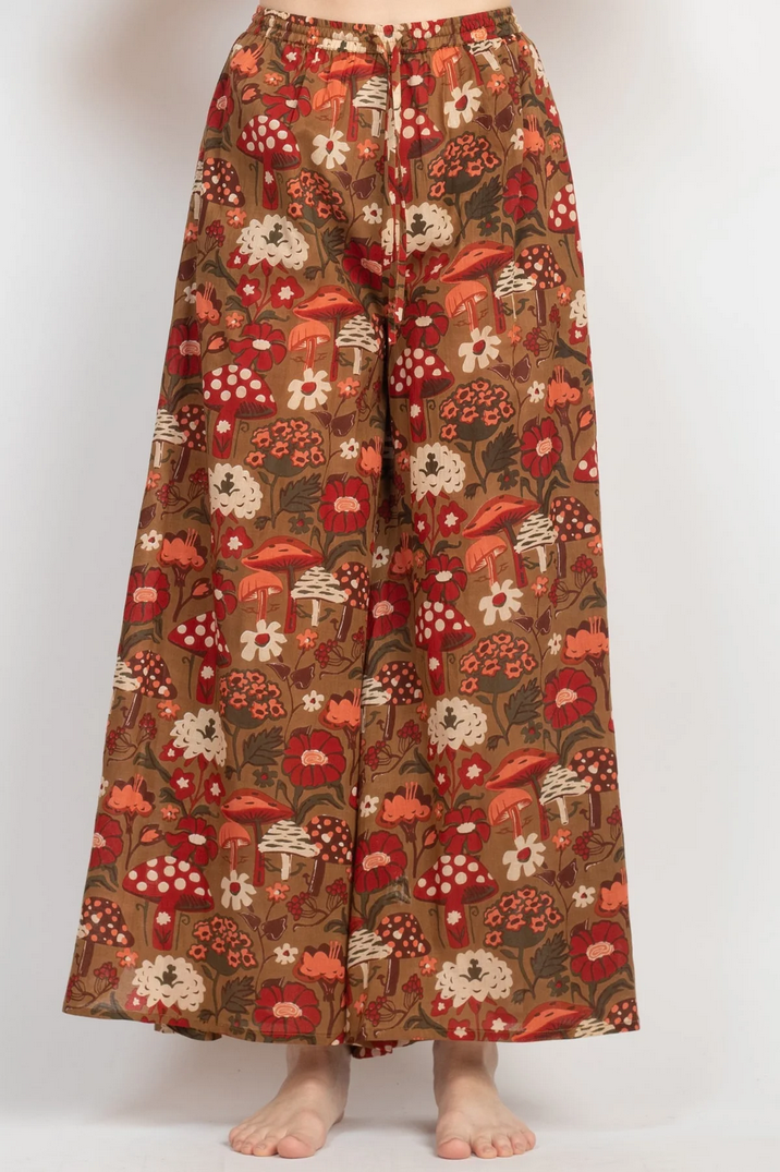 Women's Cotton Mushroom Print Wide Leg Harem Pants - HalfMoonMusic