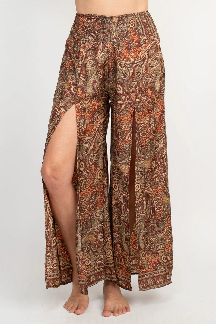 Women's Poly Silk Slit-Side Paisley Print Faux Wrap Pants - HalfMoonMusic