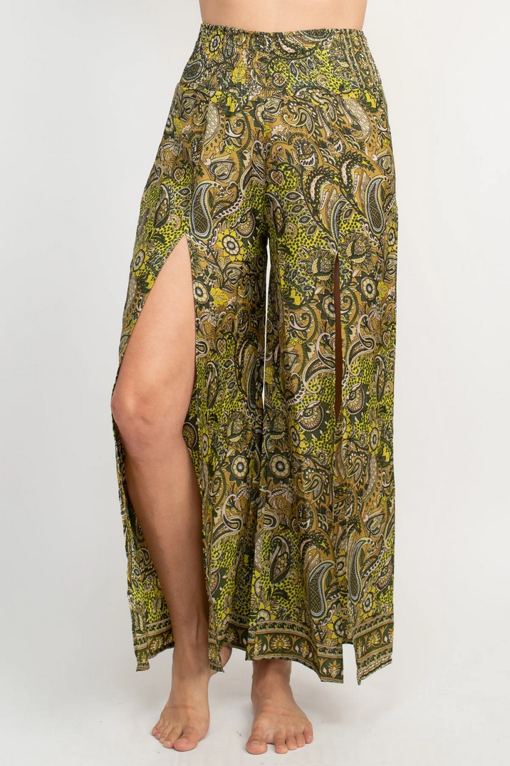 Women's Poly Silk Slit-Side Paisley Print Faux Wrap Pants - HalfMoonMusic
