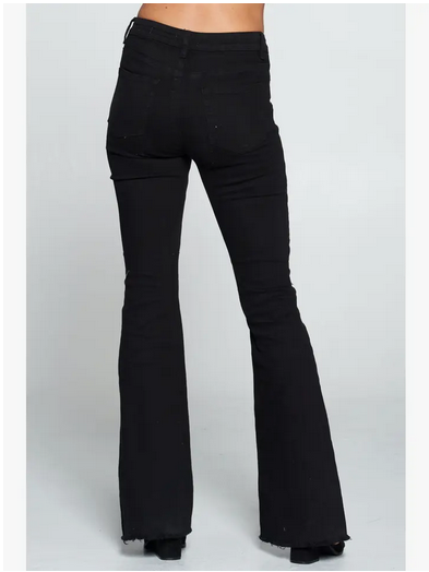 Women's Black Distressed High Rise Flare Jeans - HalfMoonMusic