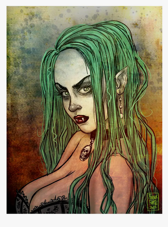 Green Hair Goth Girl Art Print - HalfMoonMusic