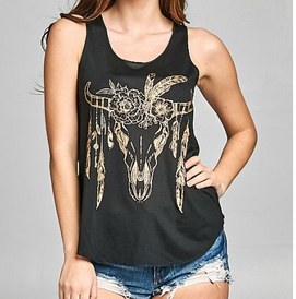 Women's Bull Skull Tank Top - HalfMoonMusic