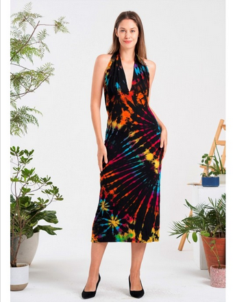 Women's Tie-Dye Midi Halter Dress - HalfMoonMusic