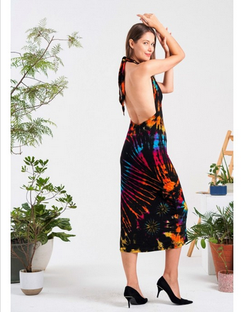 Women's Tie-Dye Midi Halter Dress - HalfMoonMusic