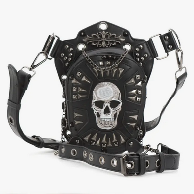 Convertible Shoulder Bag/ Waist Pack W/ Studs and Chains - Skull Design - HalfMoonMusic