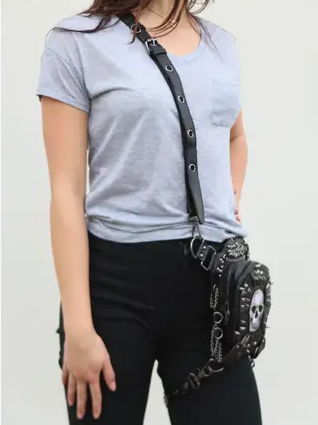 Convertible Shoulder Bag/ Waist Pack W/ Studs and Chains - Skull Design - HalfMoonMusic