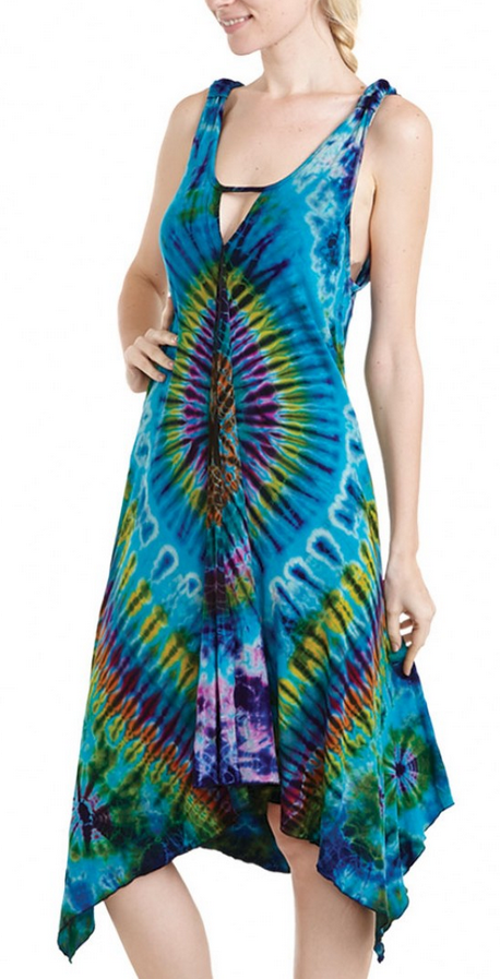 Women's Tie-Dye Split Front Elastic Strap Tank Top Dress - HalfMoonMusic