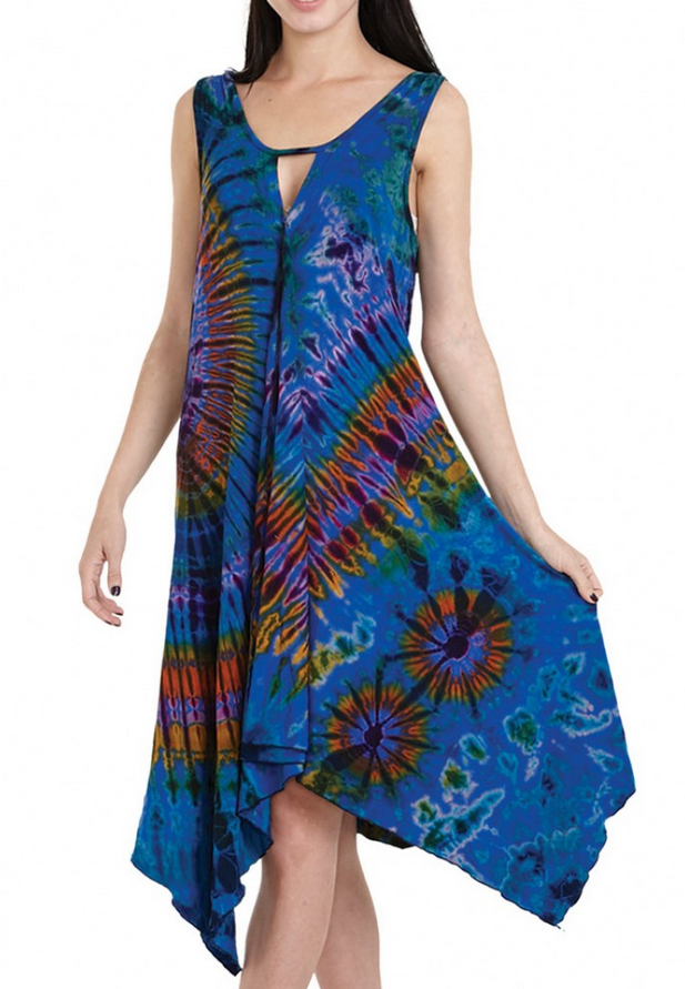 Women's Tie-Dye Split Front Elastic Strap Tank Top Dress - HalfMoonMusic