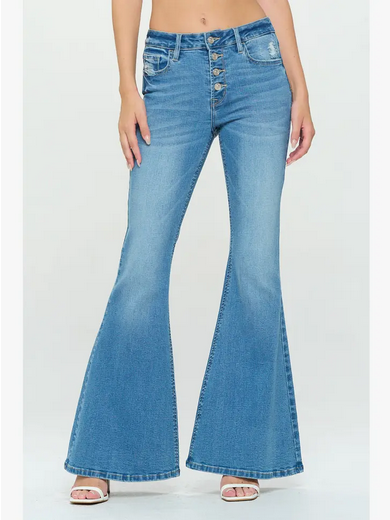 Medium Light Wash Mid Rise Flare Jeans - HalfMoonMusic