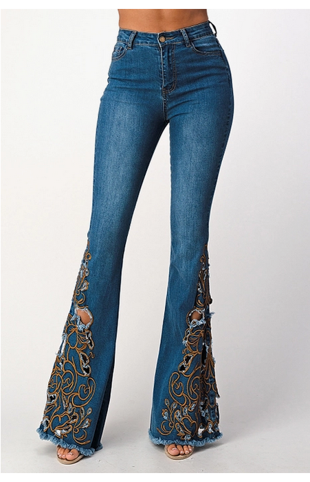 Women's Embroidered Denim Flare Pants - HalfMoonMusic