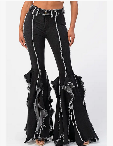 Women's Ruffle Flare Denim Jeans - HalfMoonMusic