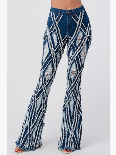 Women's Diamond Destroyed Flare Denim Jeans - HalfMoonMusic