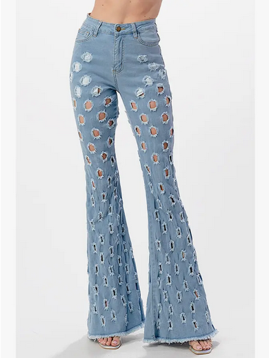 Women's Denim Flare Jeans with Holes - HalfMoonMusic