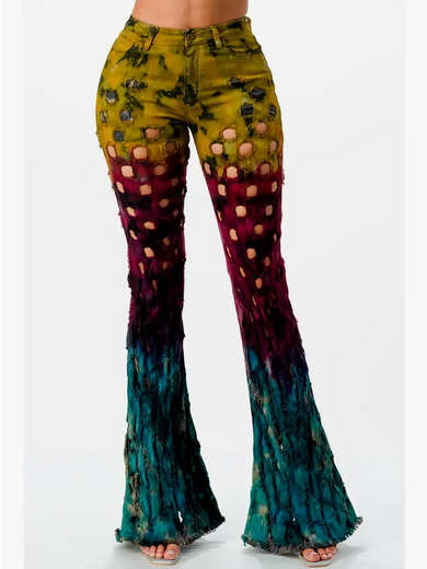 Women's Tie-Dye Denim Flare Jeans with Holes - HalfMoonMusic