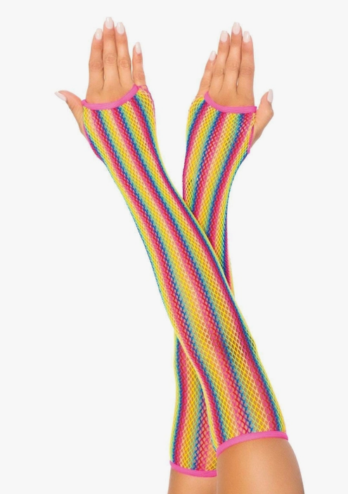 Women's Halloween Costume Accessory - Rainbow Fingerless Net Arm Warmer Gloves - HalfMoonMusic