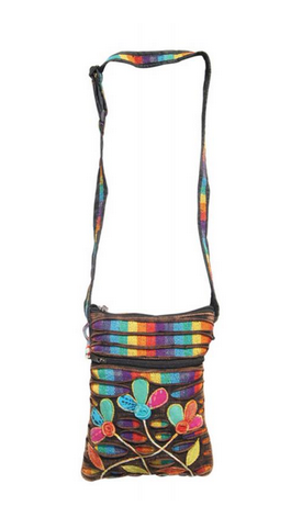 Cotton Striped Rainbow Flowers Mini Passport Bag - HalfMoonMusic