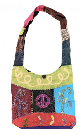 Cotton Patchwork Peace Sign & Flowers Embroidery Bag - HalfMoonMusic