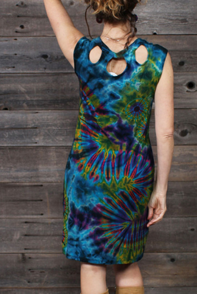 Women's Rayon Spandex Tie-Dye Circle Neckline Slit Leg Short Dress - HalfMoonMusic