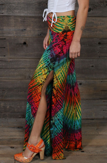 Women's Rayon Spandex Tie-Dye Side Slit Extra Waist Palazzo Pants - HalfMoonMusic