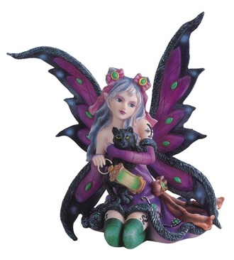 Pink Fairy & Black Cat Statue - HalfMoonMusic