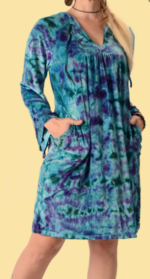 Women's Velvet Tie-Dye Bell Sleeve Short Dress - HalfMoonMusic