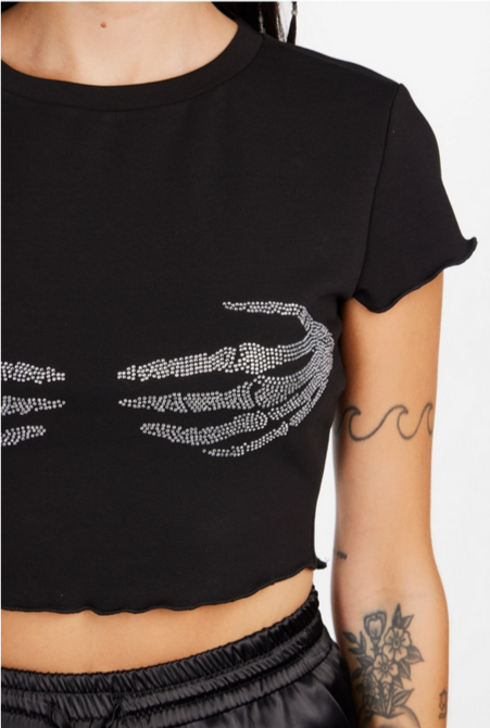 Women's Hands-On Rhinestone Baby Tee - HalfMoonMusic