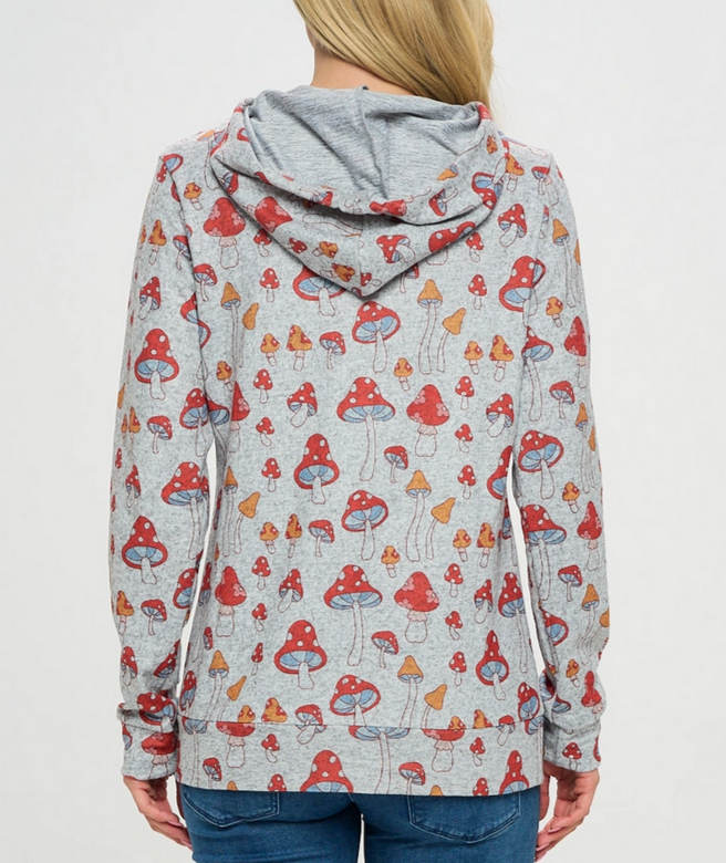 Women's Red Mushroom Print Zipper Hoodie - HalfMoonMusic