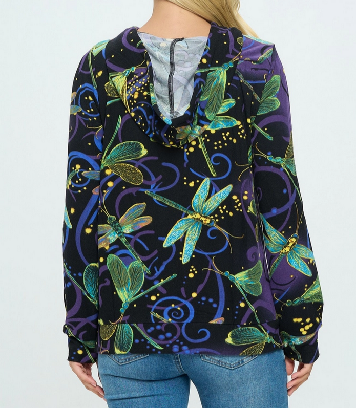 Women's Dragonfly Print Hoodie with Pocket - HalfMoonMusic