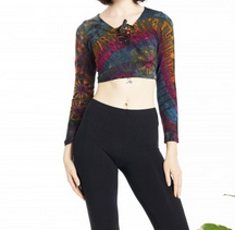 Women's Long Sleeve Lace Up Tie-Dye Crop Top - HalfMoonMusic