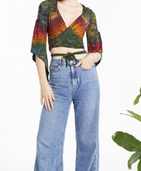 Women's 3/4 Sleeve Tie-Dye Wrap Crop Top - HalfMoonMusic