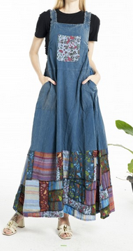 Women's Adjustable Straps Patchwork Pinafore Cotton Dress with Chest and Side Pockets