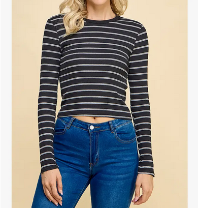 Women's Stripe Waist Length Crop Long Sleeve