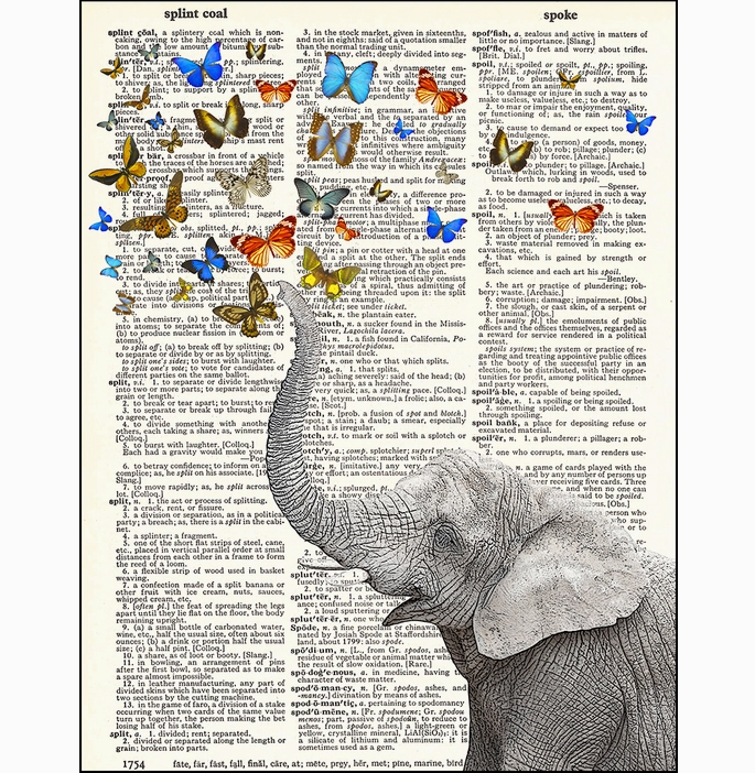 Lucky Elephant & Butterfly Dictionary Page Art Print