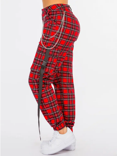 Women's High Waist Plaid Cargo Joggers