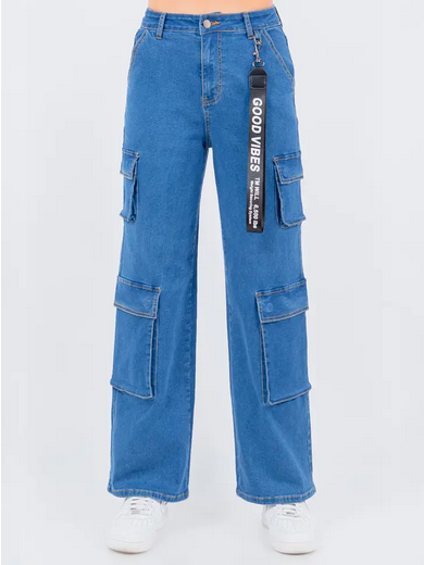 Women's Straight Leg Cargo Pocket Denim Pants