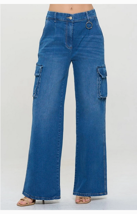 High Rise Solid Wide Leg Cargo Jeans