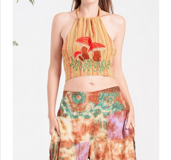 Women's Embroidered Shroom Print Halter Crop Top