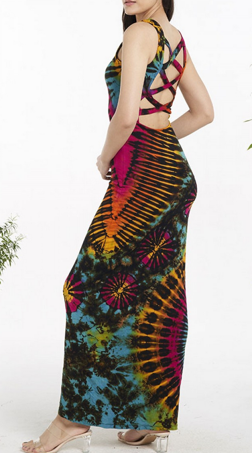 Women's Rayon Spandex Tie-Dye Criss-Cross Back Long Dress