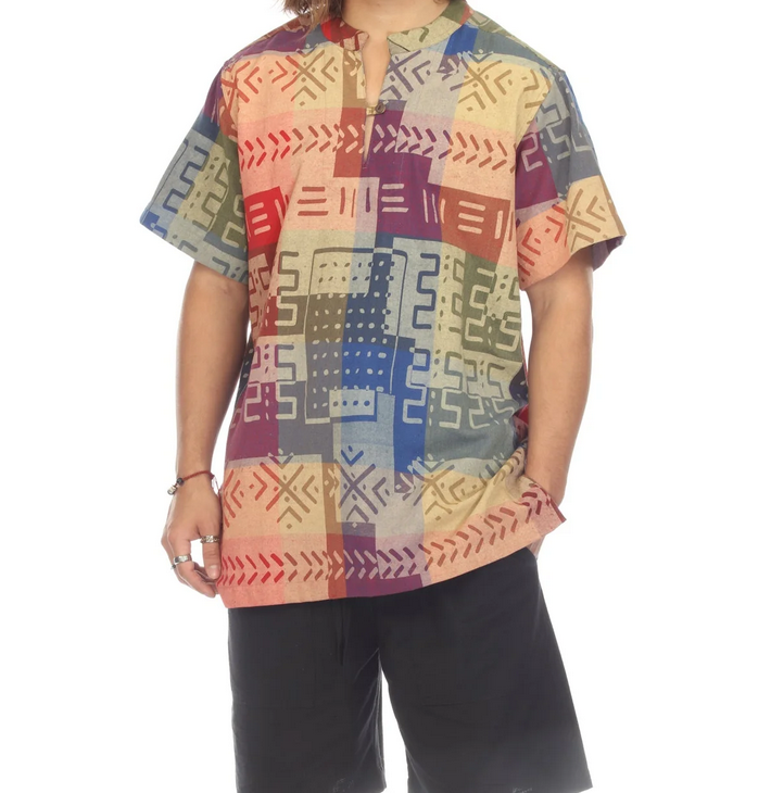 Men's Rainbow Woven Tribal Patch Print Short Sleeve Kurta