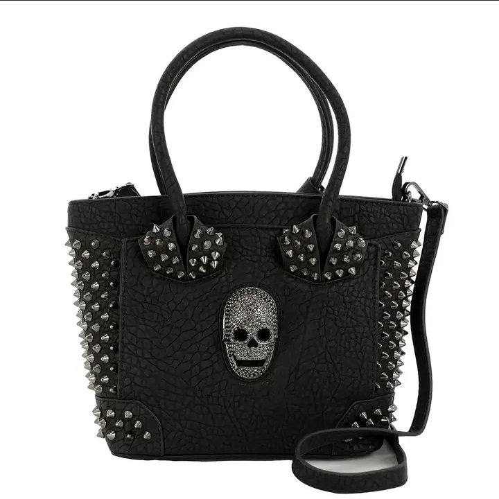 Metal Skull Vinyl Studded Spike Satchel Bag