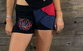 Women's Lycra Solid Paneled w/ Grateful Dead Steal Your Face Mandala & Bolt Embroidery Booty Shorts Black