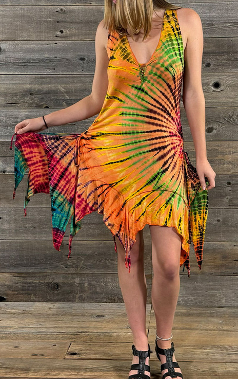 Women's Orange Dye Rayon Spandex Tie Dye Fairy Cut Cinch Short Dress Women's Orange Dye Rayon Spandex Tie Dye Fairy Cut Cinch Short Dress