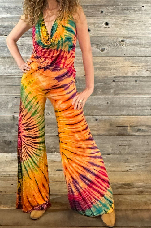Women's Orange Tie Dye Rayon Spandex Backless Jumpsuit
