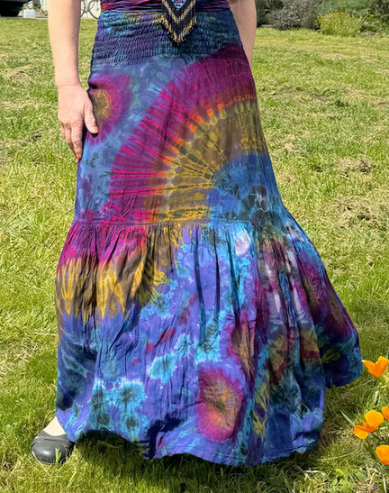 Women's Flat Rayon Mudmee Tie-Dye Smocking Tube Top Tiered Long Dress/Maxi Skirt