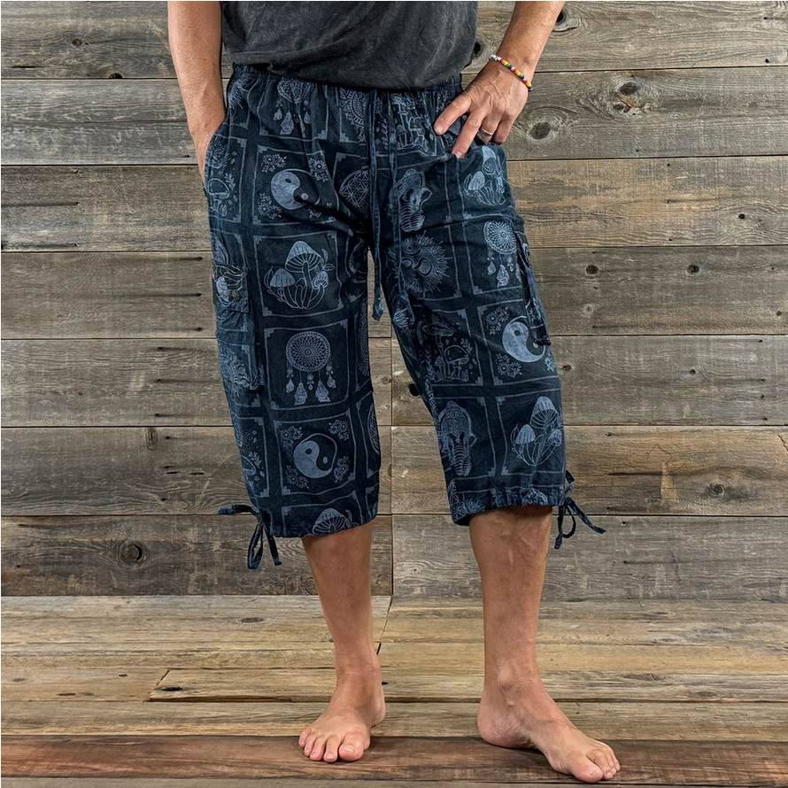Men's Cotton Enzyme Dye Clam Diggers - 3/4 Pants w/ Multi Print